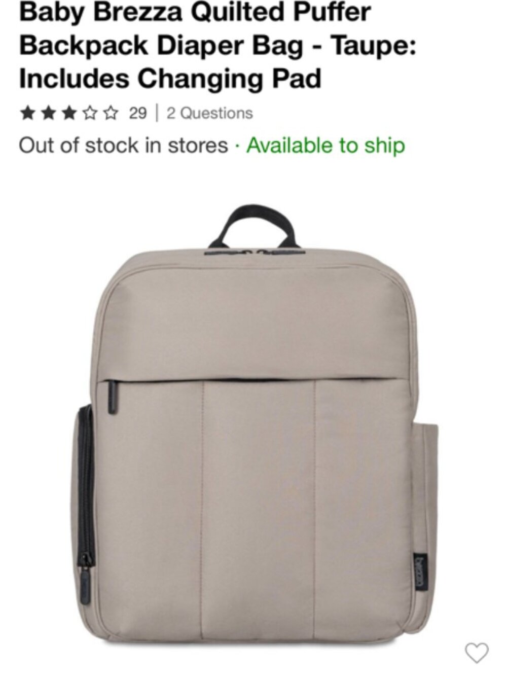 NEW Baby Brezza Quilted Puffer Backpack Diaper Bag with Changing Pad